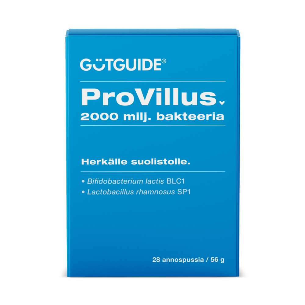 Sininen tuotepakkaus, jonka etupuolella on valkoista tekstiä. Ylhäällä lukee brändin nimi ”GUTGUIDE®” ja sen alla tuotteen nimi ”ProVillus” sekä teksti ”2000 milj. bakteeria”. Keskellä pakkausta lukee ”Herkälle suolistolle.” ja sen alapuolella on listattu kaksi bakteerikantaa: ”Bifidobacterium lactis BLC1” ja ”Lactobacillus rhamnosus SP1”. Oikeassa alakulmassa lukee pakkauksen sisältö: ”28 annospussia / 56 g