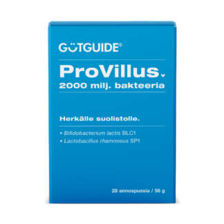 Sininen tuotepakkaus, jonka etupuolella on valkoista tekstiä. Ylhäällä lukee brändin nimi ”GUTGUIDE®” ja sen alla tuotteen nimi ”ProVillus” sekä teksti ”2000 milj. bakteeria”. Keskellä pakkausta lukee ”Herkälle suolistolle.” ja sen alapuolella on listattu kaksi bakteerikantaa: ”Bifidobacterium lactis BLC1” ja ”Lactobacillus rhamnosus SP1”. Oikeassa alakulmassa lukee pakkauksen sisältö: ”28 annospussia / 56 g