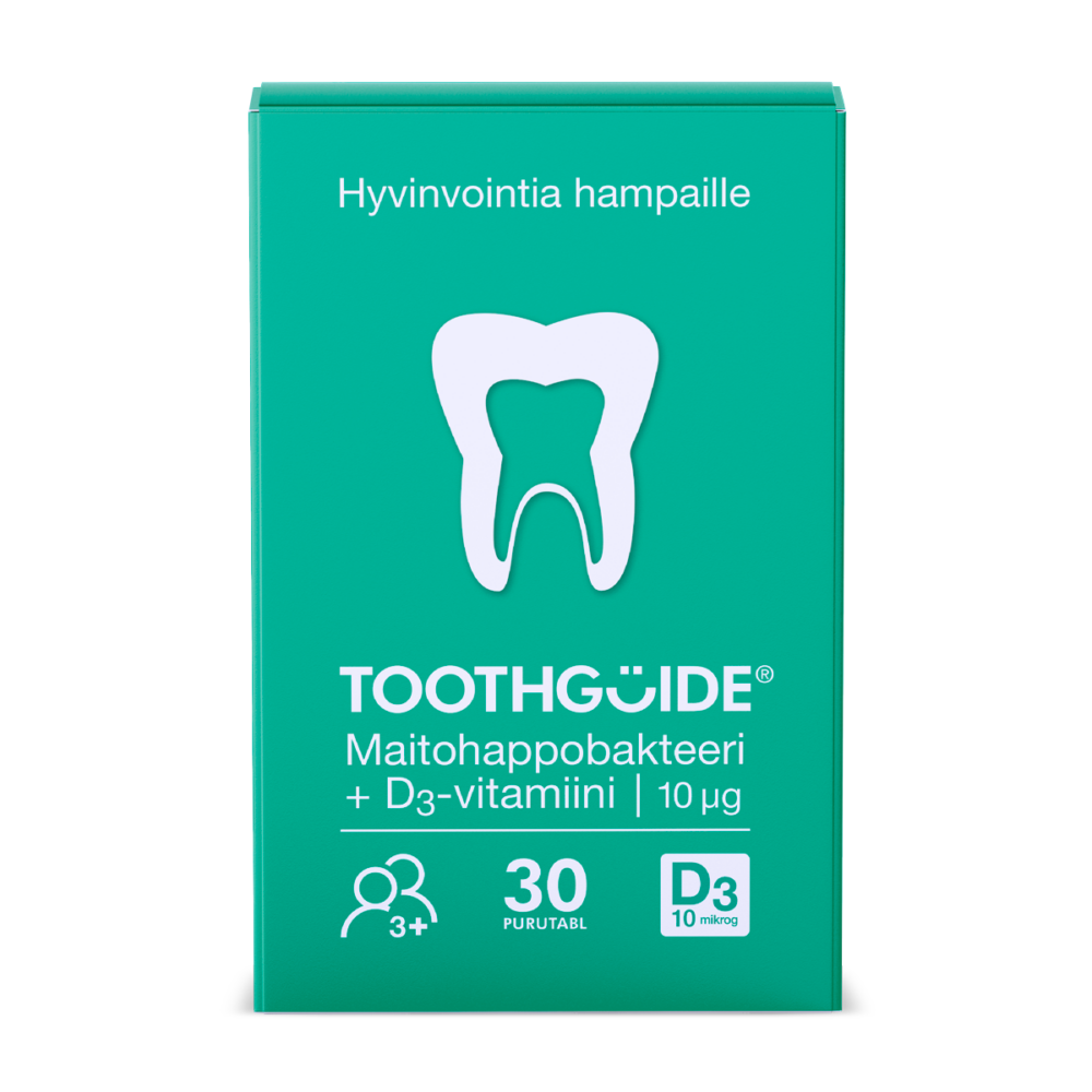Kirkkaanvihreä, suorakulmion muotoinen ToothGuide-tuotepakkaus. Pakkauksen yläosassa lukee valkoisella "Hyvinvointia hampaille", jonka alla on kookas valkoinen hampaan kuva. Pakkauksen alaosassa on valkoinen logo "TOOTHGÜIDE®" sekä teksti "Maitohappobakteeri + D3-vitamiini | 10 µg". Pohjassa on kolme valkoista symbolia ja merkintää: ikäsuositus 3+, määrä 30 purutSimple-tablettia ("30 PURUTABL") sekä D3-vitamiinimäärä "D3 10 mikrog"