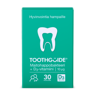 Kirkkaanvihreä, suorakulmion muotoinen ToothGuide-tuotepakkaus. Pakkauksen yläosassa lukee valkoisella 