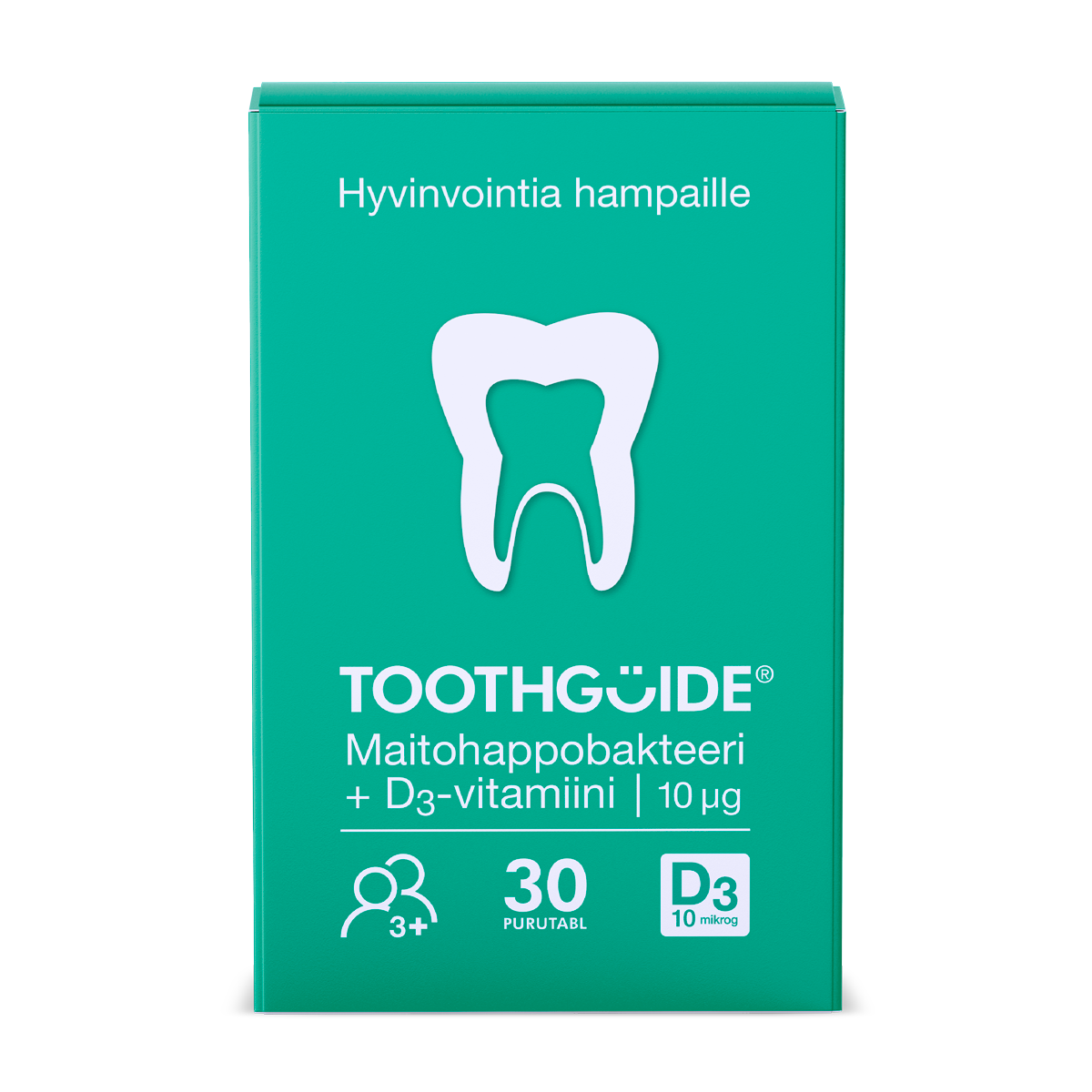 Kirkkaanvihreä, suorakulmion muotoinen ToothGuide-tuotepakkaus. Pakkauksen yläosassa lukee valkoisella "Hyvinvointia hampaille", jonka alla on kookas valkoinen hampaan kuva. Pakkauksen alaosassa on valkoinen logo "TOOTHGÜIDE®" sekä teksti "Maitohappobakteeri + D3-vitamiini | 10 µg". Pohjassa on kolme valkoista symbolia ja merkintää: ikäsuositus 3+, määrä 30 purutSimple-tablettia ("30 PURUTABL") sekä D3-vitamiinimäärä "D3 10 mikrog"