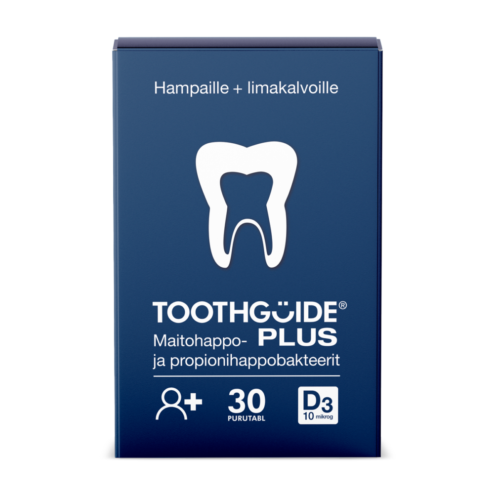 Tummansininen, suorakulmion muotoinen ToothGuide PLUS -tuotepakkaus. Pakkauksen yläosassa lukee valkoisella "Hampaille + limakalvoille", jonka alla on kookas valkoinen hampaan kuva. Pakkauksen alaosassa on valkoinen logo "TOOTHGÜIDE® PLUS" sekä teksti "Maitohappo- ja propionihappobakteerit". Pohjassa on kolme valkoista symbolia ja merkintää: ikäsuositussymboli "8+", määrä 30 purutablettia ("30 PURUTABL") sekä D3-vitamiinimäärä "D3 10 mikrog"