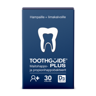 Tummansininen, suorakulmion muotoinen ToothGuide PLUS -tuotepakkaus. Pakkauksen yläosassa lukee valkoisella 