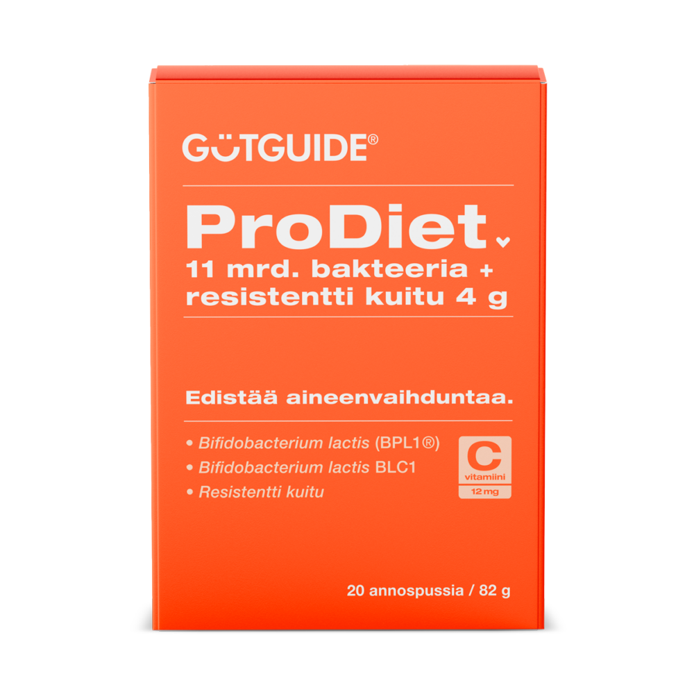 GUTGUIDE® ProDiet -bakteeri- ja kuitulisäpakkauksen etupuoli, jossa valkoinen teksti oranssilla pohjalla kertoo tuotteen sisällöstä: 11 miljardia bakteeria, 4 grammaa resistenttiä kuitua ja 12 milligrammaa C-vitamiinia. Tuote edistää aineenvaihduntaa. Pakkaus sisältää 20 annospussia (82 grammaa).