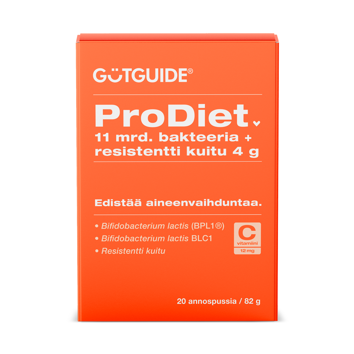 GUTGUIDE® ProDiet -bakteeri- ja kuitulisäpakkauksen etupuoli, jossa valkoinen teksti oranssilla pohjalla kertoo tuotteen sisällöstä: 11 miljardia bakteeria, 4 grammaa resistenttiä kuitua ja 12 milligrammaa C-vitamiinia. Tuote edistää aineenvaihduntaa. Pakkaus sisältää 20 annospussia (82 grammaa).