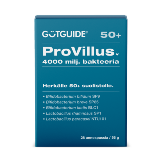 Tummanmerensininen GutGuide ProVillus 50+ -tuotepakkaus herkälle 50+ suolistolle