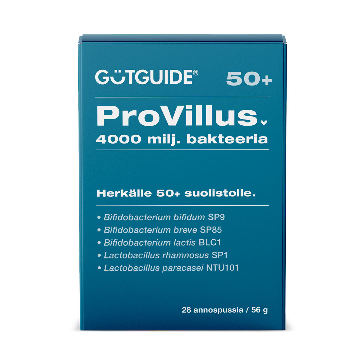 Tummanmerensininen GutGuide ProVillus 50+ -tuotepakkaus herkälle 50+ suolistolle