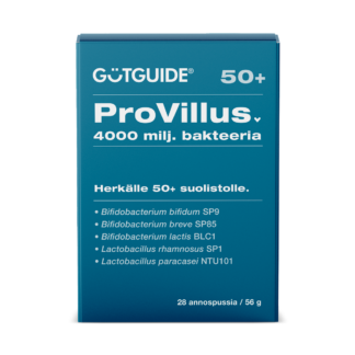 GutGuide ProVillus 50+ -bakteerilisän tuotepakkaus. Sinisessä pakkauksessa on valkoista tekstiä, joka kertoo tuotteen sisältävän 4000 miljoonaa bakteeria ja olevan suunnattu herkälle 50+ suolistolle. Alalaidassa listataan viisi eri bakteerikantaa ja pakkauskoko 28 annospussia (56 g).