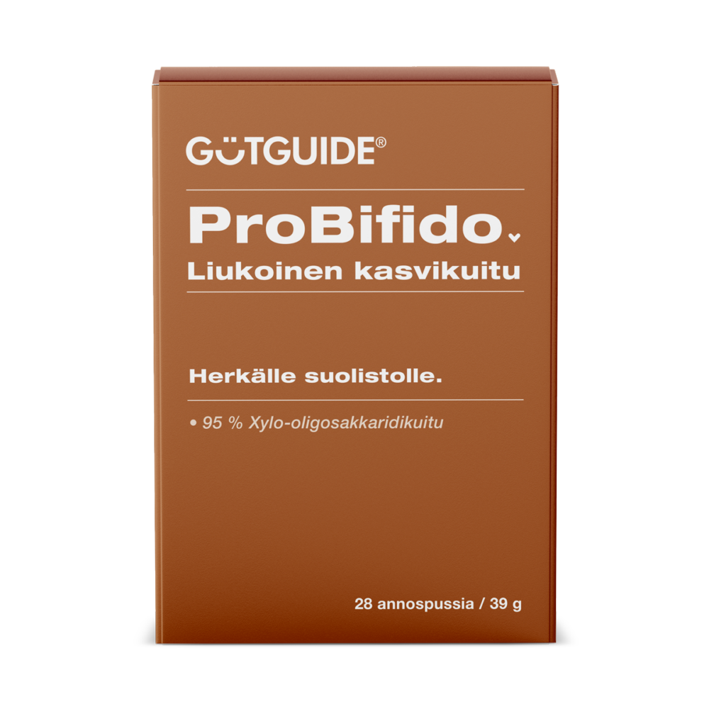 Ruskea suorakulmion muotoinen Gutguide ProBifido -tuotepakkaus. Pakkauksen yläosassa on valkoinen logo "GUTGUIDE®", jonka alla lukee tuotteen nimi "ProBifido" ja teksti "Liukoinen kasvikuitu". Pakkauksen keskivaiheilla on valkoinen teksti "Herkälle suolistolle." Sen alapuolella mainitaan ainesosana 95 % Xylo-oligosakkaridikuitu. Pakkauksen oikeassa alakulmassa on ilmoitettu pakkauskoko "28 annospussia / 39 g