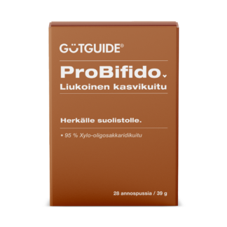 Ruskea suorakulmion muotoinen Gutguide ProBifido -tuotepakkaus. Pakkauksen yläosassa on valkoinen logo 