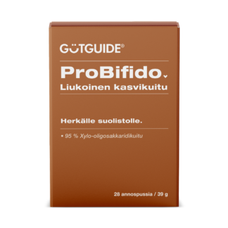 Ruskea tuotepakkaus, jonka etupuolella on valkoista tekstiä. Ylhäällä lukee brändin nimi ”GUTGUIDE®” ja sen alla tuotteen nimi ”ProBifido” sekä teksti ”Liukoinen kasvikuitu”. Keskivaiheilla lukee ”Herkälle suolistolle.” ja sen alapuolella on listattu ainesosa: ”95 % Xylo-oligosakkaridikuitu”. Oikeassa alakulmassa on pakkauskoko: ”28 annospussia / 39 g