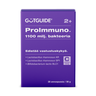 Violetti, suorakulmion muotoinen GutGuide ProImmuno 2+ -tuotepakkaus. Pakkauksen yläosassa on valkoinen logo 