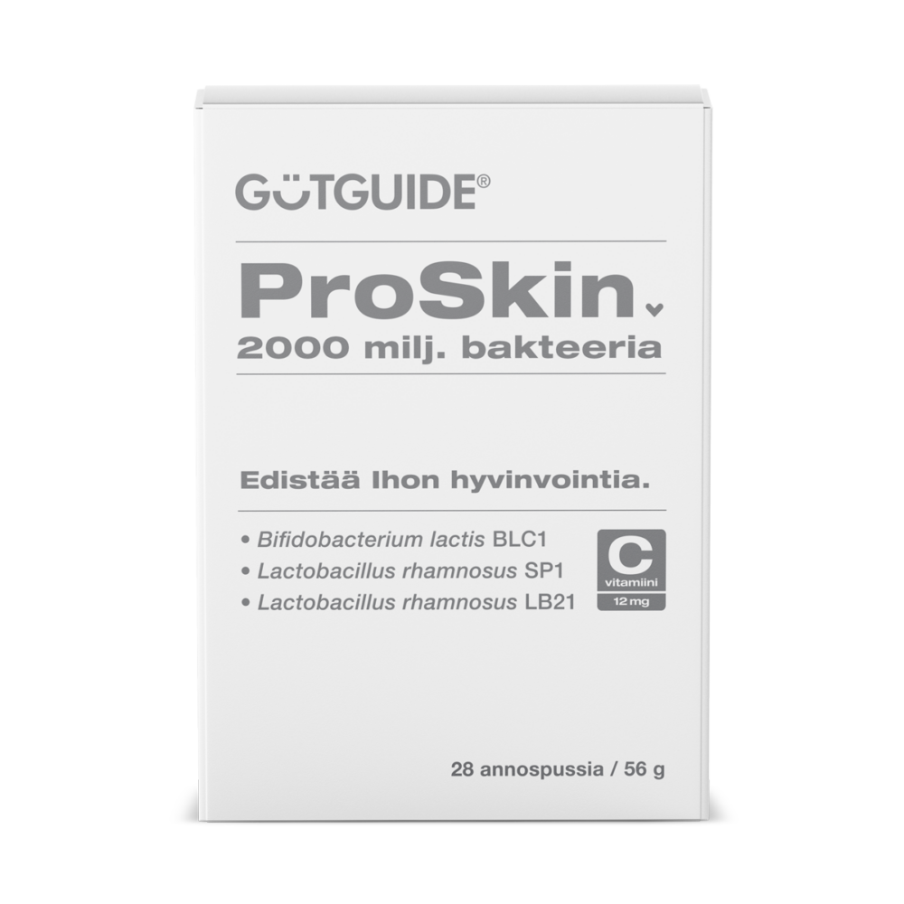 Valkoinen, suorakulmion muotoinen GutGuide ProSkin -tuotepakkaus. Pakkauksen yläosassa on harmaa logo "GUTGUIDE®", jonka alla lukee tuotteen nimi "ProSkin" ja teksti "2000 milj. bakteeria". Pakkauksen keskivaiheilla on harmaa teksti "Edistää ihon hyvinvointia." Sen alapuolella vasemmalla mainitaan ainesosina Bifidobacterium lactis BLC1, Lactobacillus rhamnosus SP1 ja Lactobacillus rhamnosus LB21. Ainesosien oikealla puolella on harmaa neliö, jossa lukee "C-vitamiini 12 mg". Pakkauksen oikeassa alakulmassa on ilmoitettu pakkauskoko "28 annospussia / 56 g
