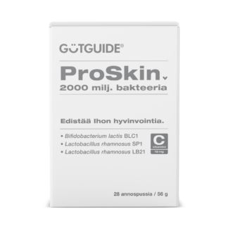 Valkoinen, suorakulmion muotoinen GutGuide ProSkin -tuotepakkaus. Pakkauksen yläosassa on harmaa logo 