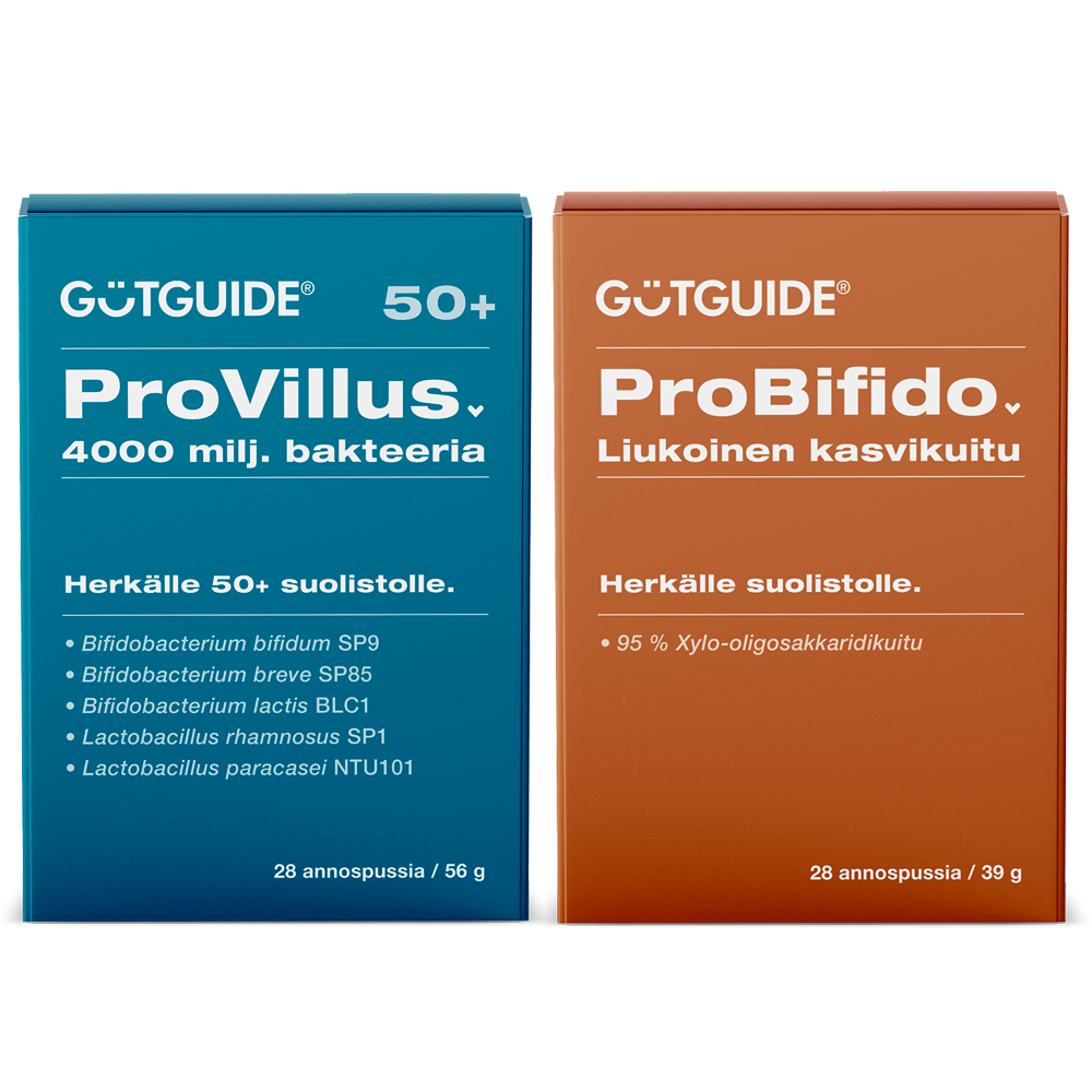 Kuvassa on kaksi GutGuide-ravintolisäpakkausta. Vasemmalla on sininen ProVillus 50+ -pakkaus, joka sisältää 4000 miljoonaa bakteeria ja on suunnattu herkälle 50+ suolistolle. Oikealla on ruskea ProBifido-pakkaus, joka sisältää liukoista ksylo-oligosakkaridikuitua herkälle suolistolle.