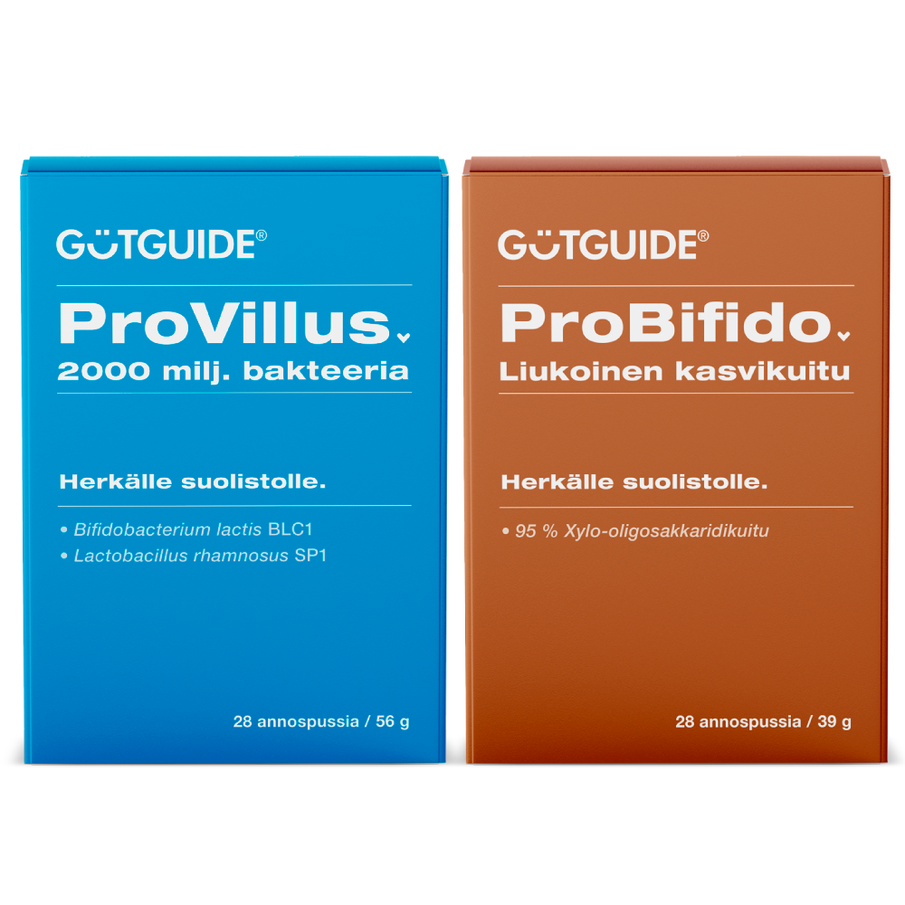 Kuvassa on kaksi suorakulmion muotoista tuotepakkausta rinnakkain. Vasemmalla on sininen GutGuide ProVillus -pakkaus, jossa lukee "2000 milj. bakteeria", "Herkälle suolistolle" sekä ainesosina Bifidobacterium lactis BLC1 ja Lactobacillus rhamnosus SP1. Pakkauskoko on 28 annospussia eli 56 grammaa. Oikealla on ruskea GutGuide ProBifido -pakkaus, jossa lukee "Liukoinen kasvikuitu", "Herkälle suolistolle" sekä ainesosana 95 % Xylo-oligosakkaridikuitu. Tämän pakkauksen koko on 28 annospussia eli 39 grammaa.