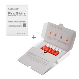 Kuvassa on avonainen skinguide pakkaus, jonka sisällä on ampulleja + valkoinen Proskin kartonkilaatikko