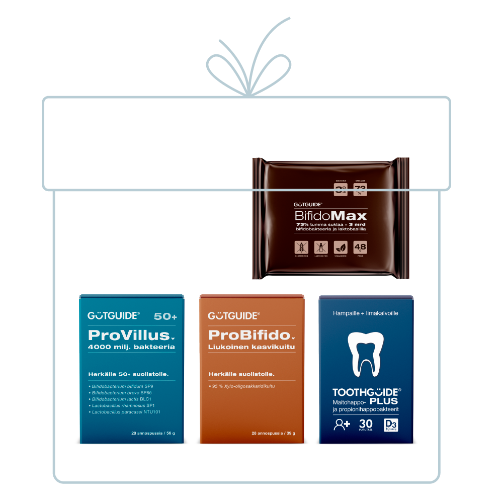 Kuva GutGuide-tuoteperheen pakkauksista, jotka on aseteltu lahjapakettia muistuttavan piirroskehyksen sisään. Kuvassa on neljä eri tuotetta: BifidoMax-suklaalevy, ProVillus 50+ -jauhe, ProBifido-kuitujauhe ja ToothGuide Plus -purutabletit.