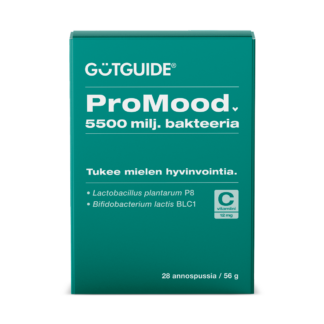 Tummanvihreä, suorakulmion muotoinen Gutguide ProMood -tuotepakkaus. Pakkauksen yläosassa on valkoinen logo 