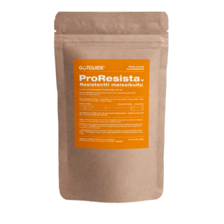 Ruskea voimapaperinen Gutguide ProResista -pussi, joka sisältää resistenttiä maissikuitua