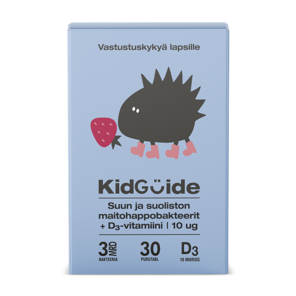 KidGuide-bakteerilisän tuotepakkaus. Vaaleansinisessä pakkauksessa on kuvituskuva mustasta siilihahmosta, jolla on vaaleanpunaiset saappaat ja joka pitelee mansikkaa. Tekstissä mainitaan tuotteen sisältävän 3 miljardia bakteeria, 30 purutablettia ja 10 mikrogrammaa D3-vitamiinia.