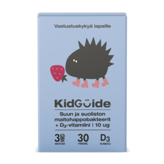 KidGuide-bakteerilisän tuotepakkaus. Vaaleansinisessä pakkauksessa on kuvituskuva mustasta siilihahmosta, jolla on vaaleanpunaiset saappaat ja joka pitelee mansikkaa. Tekstissä mainitaan tuotteen sisältävän 3 miljardia bakteeria, 30 purutablettia ja 10 mikrogrammaa D3-vitamiinia.