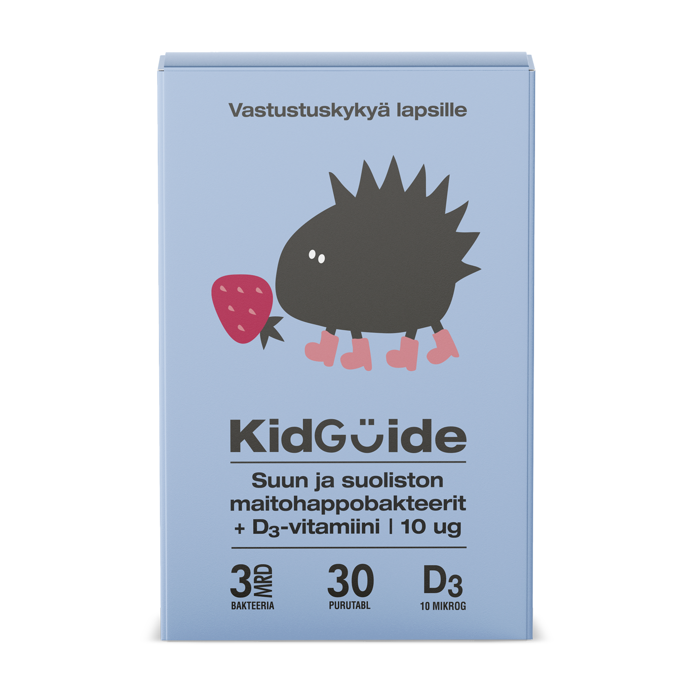 KidGuide-bakteerilisän tuotepakkaus. Vaaleansinisessä pakkauksessa on kuvituskuva mustasta siilihahmosta, jolla on vaaleanpunaiset saappaat ja joka pitelee mansikkaa. Tekstissä mainitaan tuotteen sisältävän 3 miljardia bakteeria, 30 purutablettia ja 10 mikrogrammaa D3-vitamiinia.